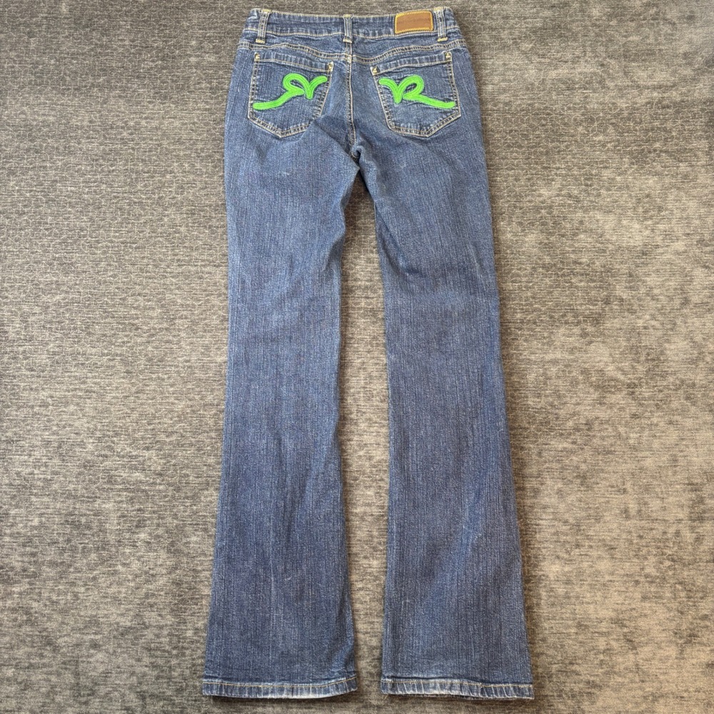 Rocawear Womens Flare Leg Jeans Blue Denim Green Embroidered Logo Size 5 Y2K